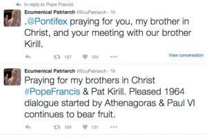 Τα Tweet του Οικουμενικού Πατριάρχη για τη συνάντηση Φραγκίσκου-Κυρίλλου (ΦΩΤΟ)